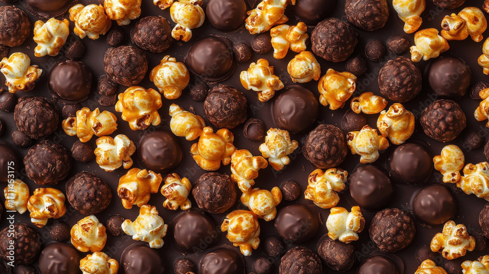 Obraz premium Delicious mix of caramel and chocolate popcorn with sweets