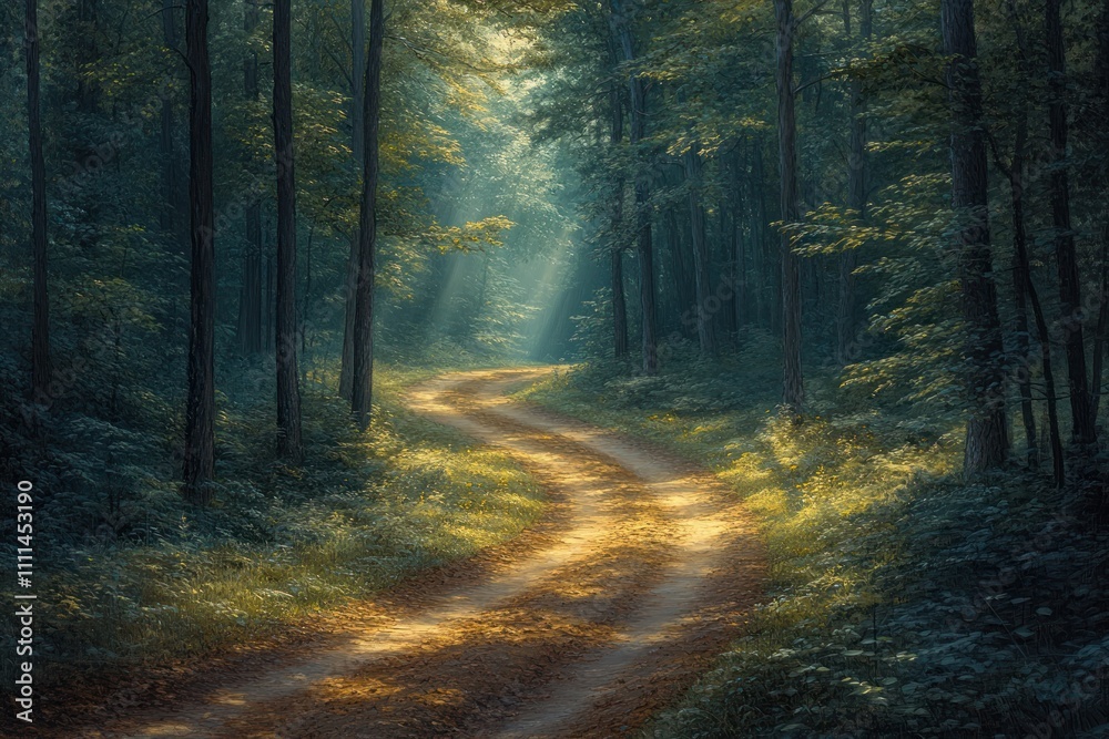 Fototapeta premium Woman Walking Dog on Serene Forest Trail in Nature