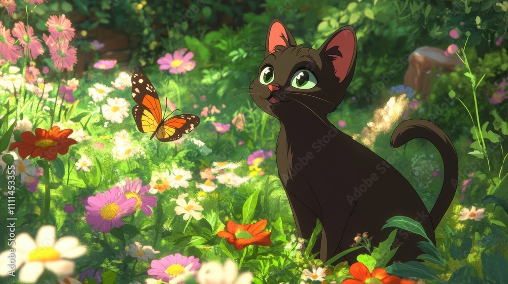 Enchanted Garden Scene Featuring a Charming Black Cat Surrounded by Colorful Flowers and a Graceful Butterfly in a Lush, Vibrant Nature Setting Enchanted Garden Scene Featuring a Charming Black Cat Surrounded by Colorful Flowers and a Graceful Butterfly in a Lush, Vibrant Nature Setting