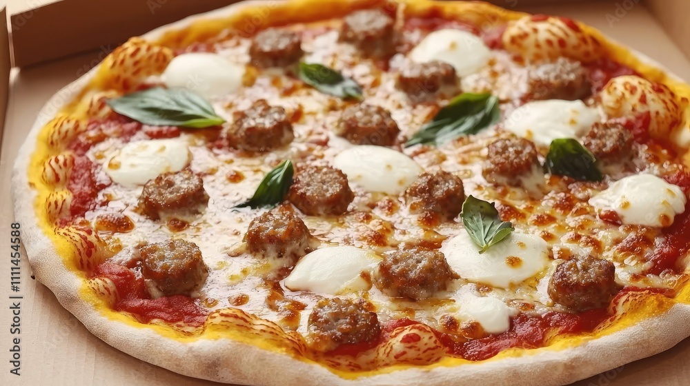 Delicious pizza with meatballs and mozzarella, isolated on a wooden surface. Delicious pizza with meatballs and mozzarella, isolated on a wooden surface.
