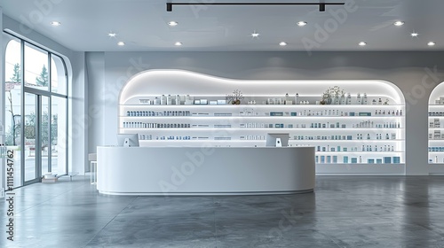 Wallpaper Mural Modern Minimalist Pharmacy or Skincare Store Interior with White Shelving and Counter Torontodigital.ca