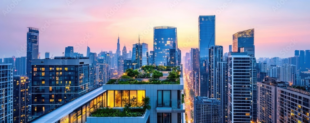 Obraz premium Stunning city skyline at sunset with modern buildings and vibrant colors.