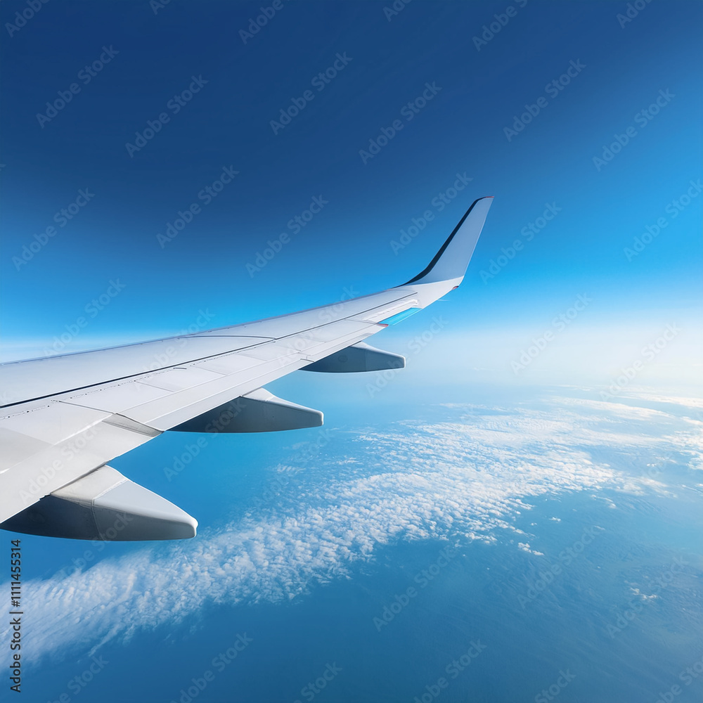 Obraz premium Airplane wing from top perspective on bright blue background