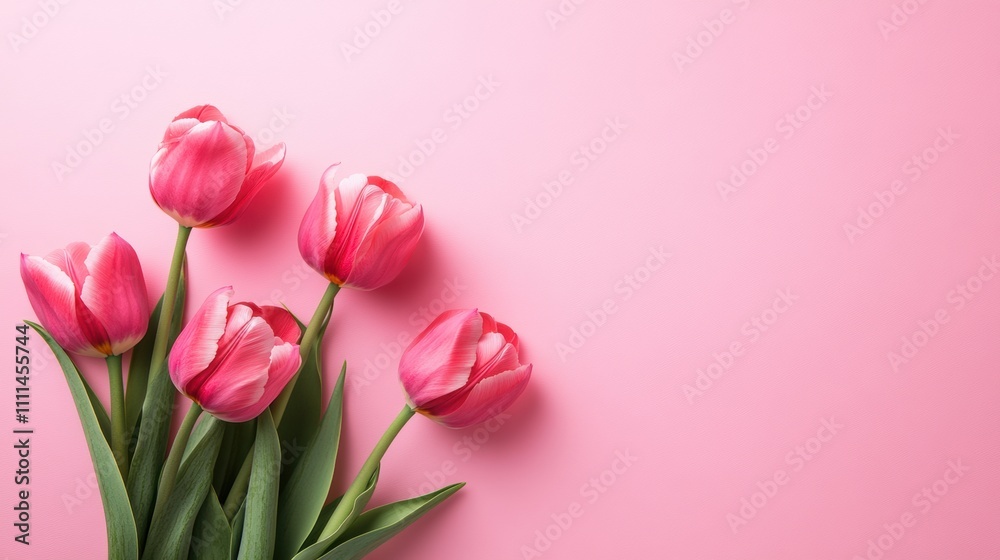 Bouquet of Pink Tulips with White Tips on a Pink Background, Spring Floral Display Bouquet of Pink Tulips with White Tips on a Pink Background, Spring Floral Display