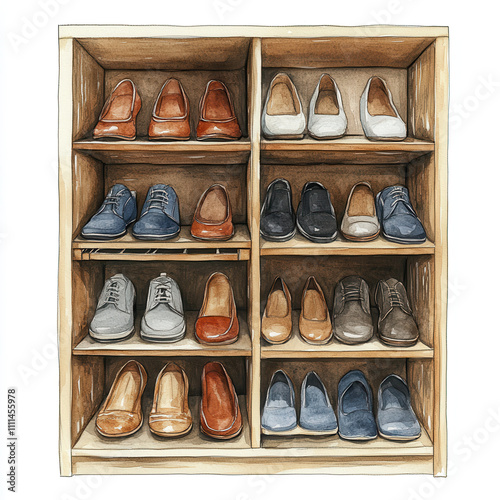 Shoe closet with various styles and colors of shoes organized neatly