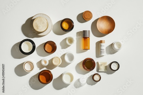 Variety of skin care products such as jars, tubes, oils, and serums displayed on a white background, ideal for showcasing beauty routines. Generative AI photo