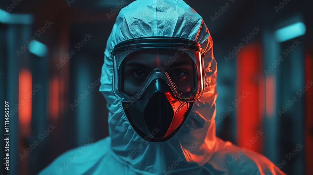 Scientists in full protective gear staring at camera Scientists in full protective gear staring at camera