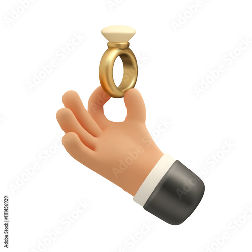 Hand holding gold engagement ring vector 3d icon. Cartoon palm with golden wedding band emoji isolated on white background.