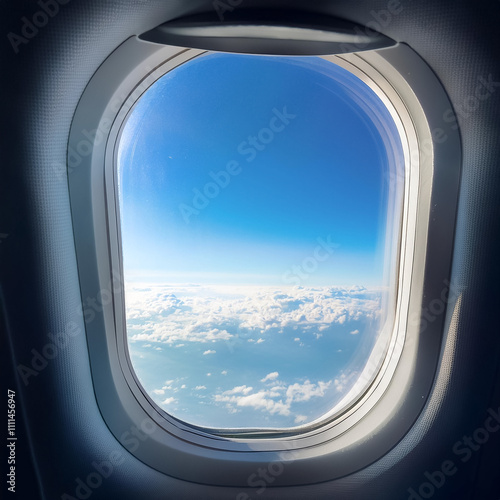 Airplane window with view of blue sky and clouds from inside the plane