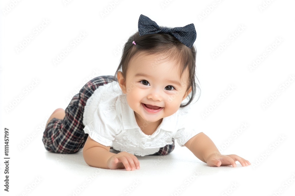 A cute Japanese child model is crawling on the floor, wearing white and checkered pants, smiling happily at the camera, against a white background, in a studio setting with soft lighting. A cute Japanese child model is crawling on the floor, wearing white and checkered pants, smiling happily at the camera, against a white background, in a studio setting with soft lighting.