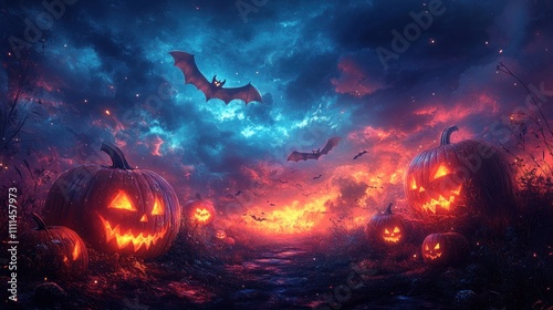 Halloween Landscape Wallpaper with Glowing Jack O'Lanterns Bats Twilight Sky