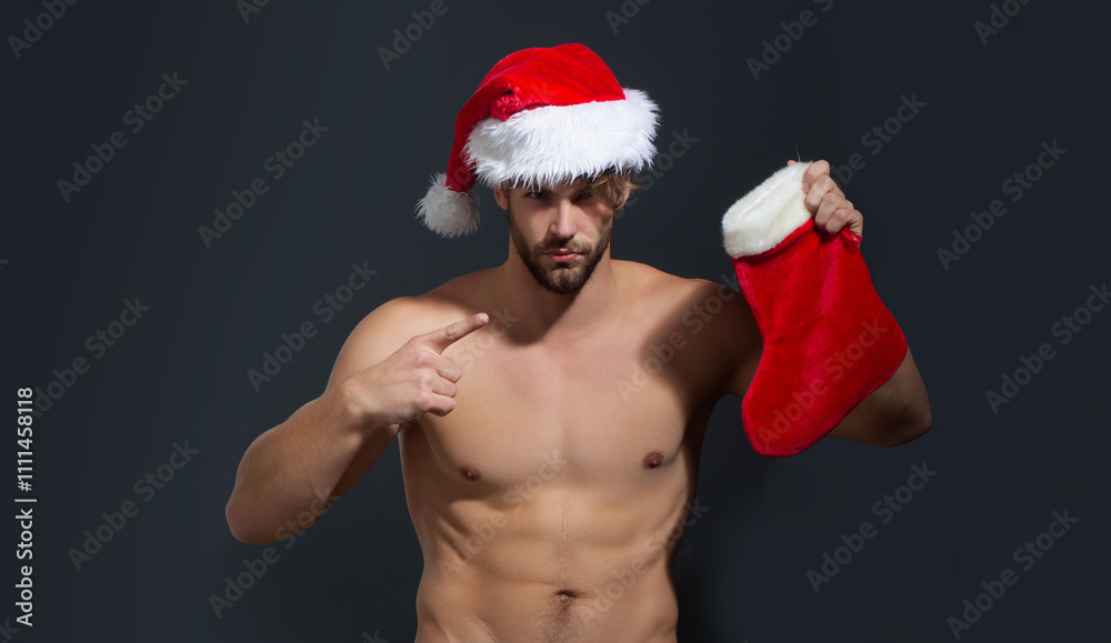 Sexy Santa. Men gay in Santa hat. New year strip and gifts for adults. Muscle gay at xmas. Santa gay with muscular body. Christmas party. Handsome sexy santa for gay club banner. Sexy Santa. Men gay in Santa hat. New year strip and gifts for adults. Muscle gay at xmas. Santa gay with muscular body. Christmas party. Handsome sexy santa for gay club banner.