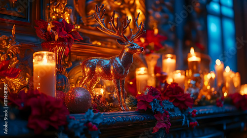 Golden Reindeer Christmas Mantel Illustration