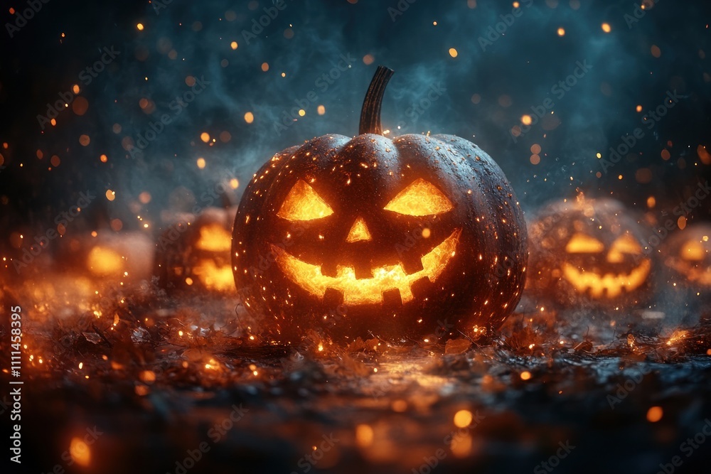 Fototapeta premium Glowing Jack O Lanterns and Carved Pumpkins in Dark Autumn Night Scene