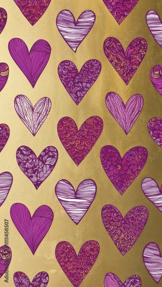 Purple Heart pattern hand drawn design on Gold background illustration Purple Heart pattern hand drawn design on Gold background illustration