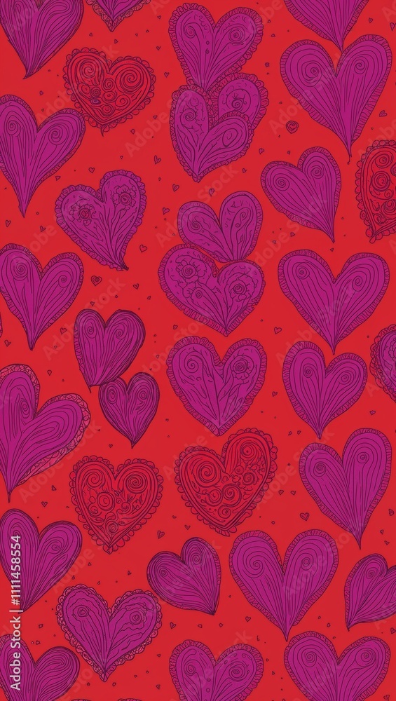 Purple Heart pattern hand drawn design on Red background illustration Purple Heart pattern hand drawn design on Red background illustration