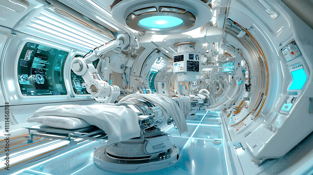 futuristic medical facility featuring advanced technology, robotic arm, and sleek design. bright, sterile environment emphasizes innovation and healthcare futuristic medical facility featuring advanced technology, robotic arm, and sleek design. bright, sterile environment emphasizes innovation and healthcare