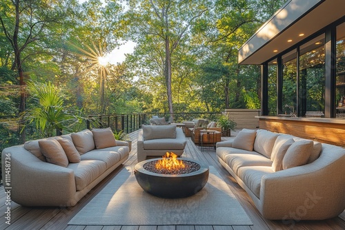 Luxurious outdoor living space with fire pit  sofas  and deck overlooking a lush forest at sunset.