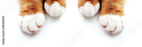 Close-up of a pair of furry cat paws on a white background. photo