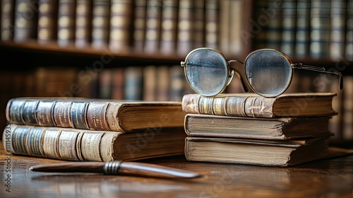 Antique Spectacles Resting Upon Aged Books In Library photo