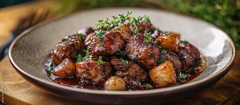 Close-up of a plate of braised beef with potatoes and thyme. Close-up of a plate of braised beef with potatoes and thyme.