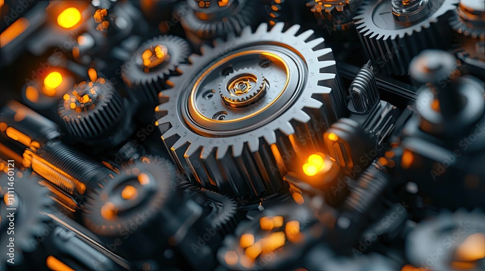 Close-up of metallic gears with glowing lights, intricate machinery background. Close-up of metallic gears with glowing lights, intricate machinery background.