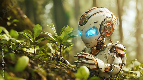 realistic photo of AI powered robotic assistant nurturing plants in lush forest. robot intricate design and glowing features highlight its advanced technology photo