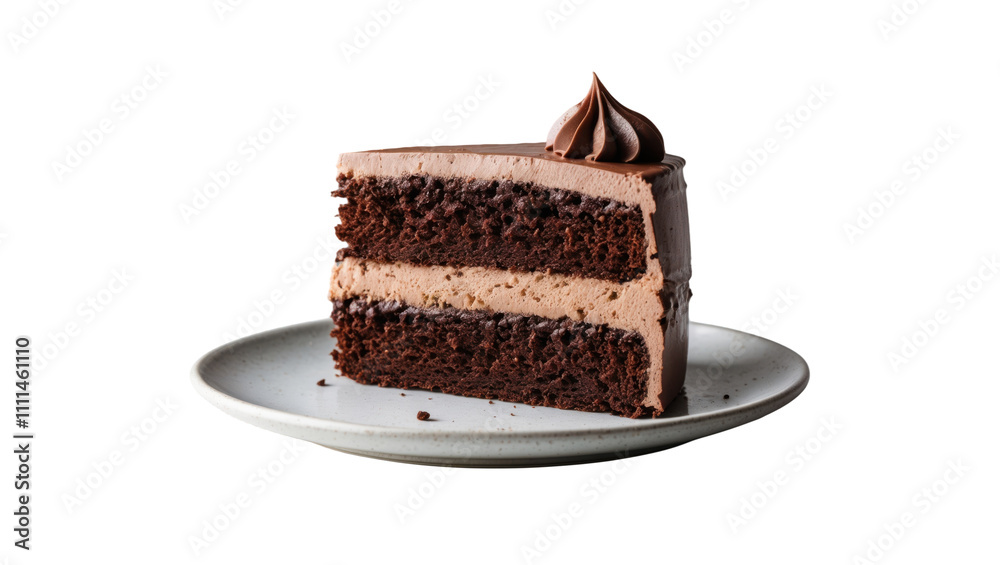 Decadent chocolate cake slice on isolate white background food photography minimalist style studio setting Decadent chocolate cake slice on isolate white background food photography minimalist style studio setting