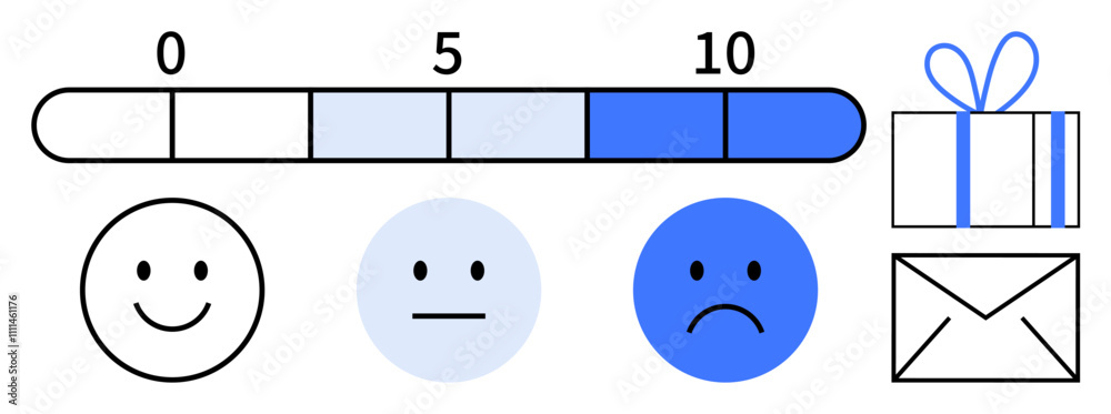 Satisfaction scale from 0 to 10 with smiling, neutral, and sad faces. Adjacent are a gift box and an email icon. Ideal for feedback, surveys, reviews, customer service, user experience Satisfaction scale from 0 to 10 with smiling, neutral, and sad faces. Adjacent are a gift box and an email icon. Ideal for feedback, surveys, reviews, customer service, user experience