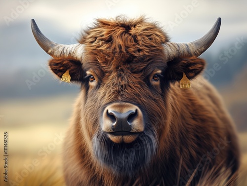 Yak, Bos grunniens, in a mountainous landscape with autumn leaves photo