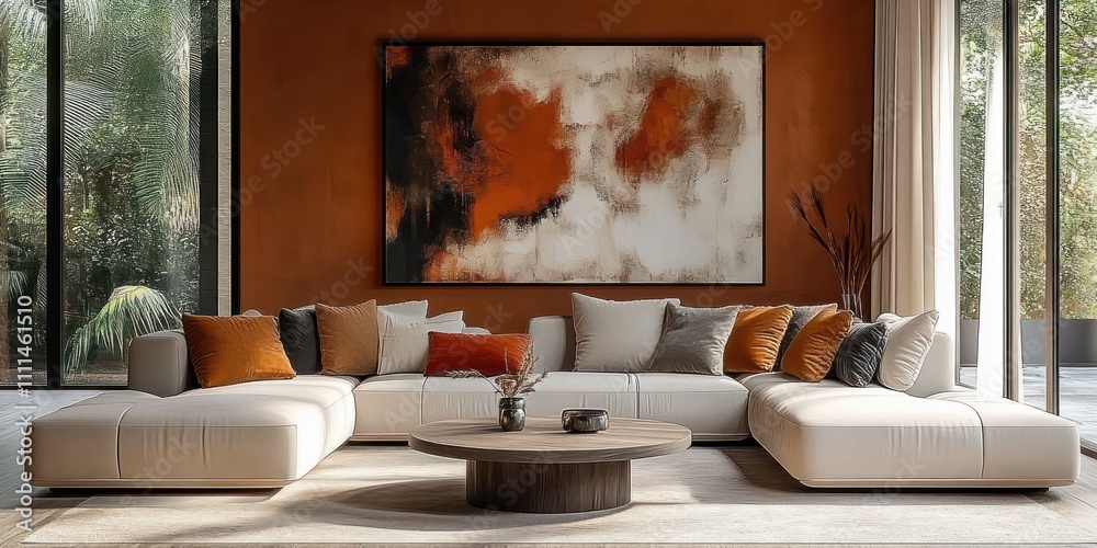 Modern Scandinavian minimalist living room with abstract art, cozy sofa, natural light, and wooden furniture Modern Scandinavian minimalist living room with abstract art, cozy sofa, natural light, and wooden furniture