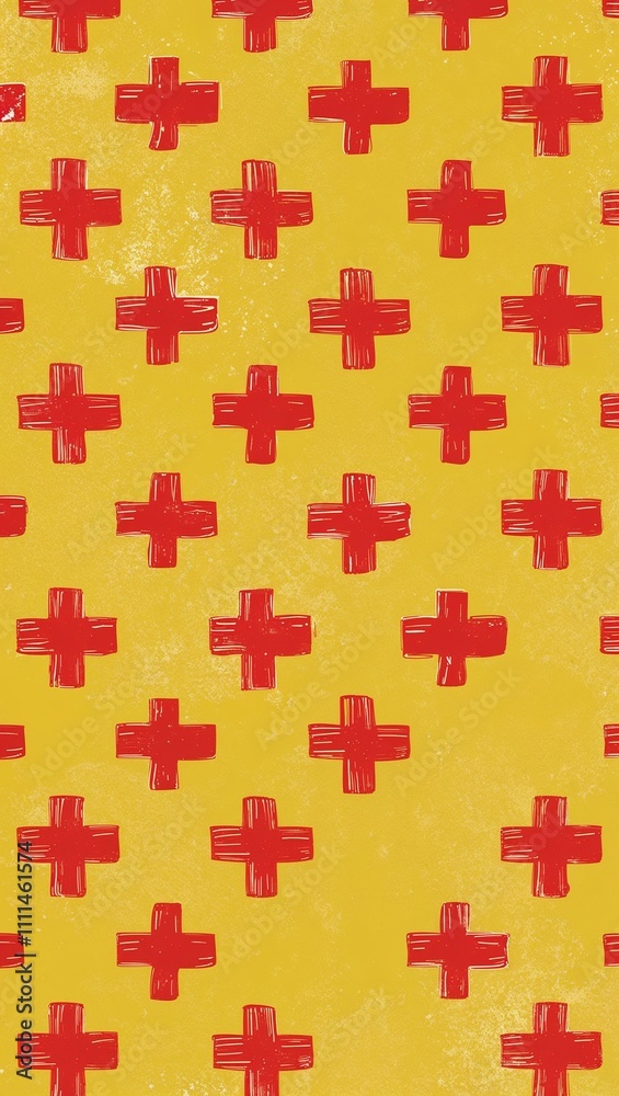 Red Cross pattern hand drawn design on Yellow background illustration Red Cross pattern hand drawn design on Yellow background illustration