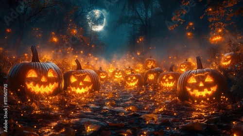 Spooky Halloween Scene with Glowing Jack O Lanterns and Misty Trees in Moonlight photo