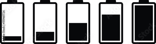Battery GSM icon set. Isolated black smartphone battery level indicator icons on white background. Concept power, energy, low , full, empty, load. Loading battery concept. Battery charge sign
