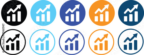 Analytics growth chart icon set. Growing analytics graph icon. Diagram up icon with arrow. statistics web icons