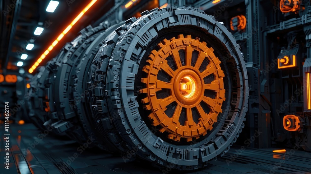 Futuristic mechanical components in a high-tech environment, vivid orange lighting. Futuristic mechanical components in a high-tech environment, vivid orange lighting.