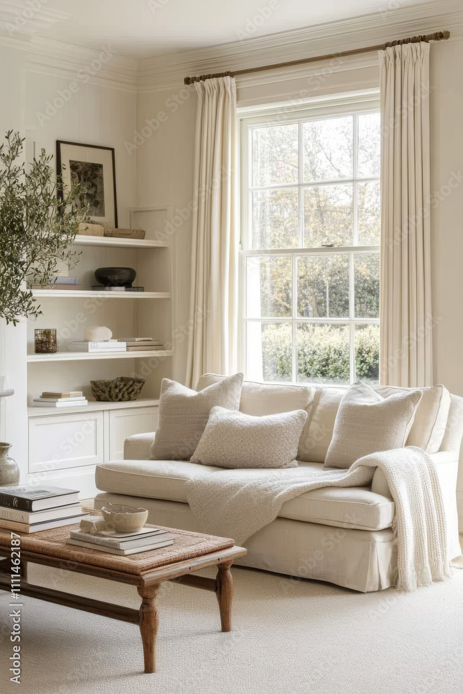 This image depicts a serene and minimalist living room This image depicts a serene and minimalist living room