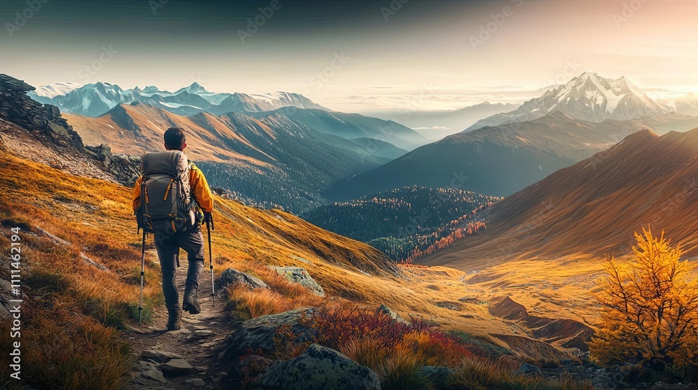 Fototapeta premium A solo hiker explores a stunning mountainous landscape during sunset, capturing the beauty of nature and the spirit of adventure in the great outdoors.