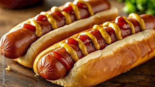 Delicious hot dogs topped with mustard and ketchup on a wooden table. photo