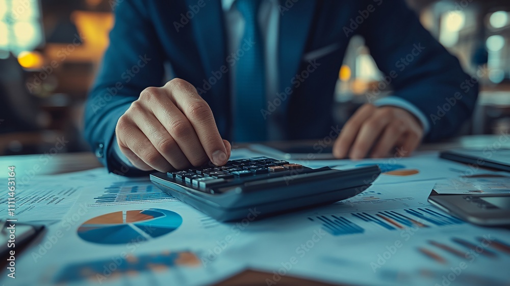 Fototapeta premium A businessman calculates company financial data using a calculator, 