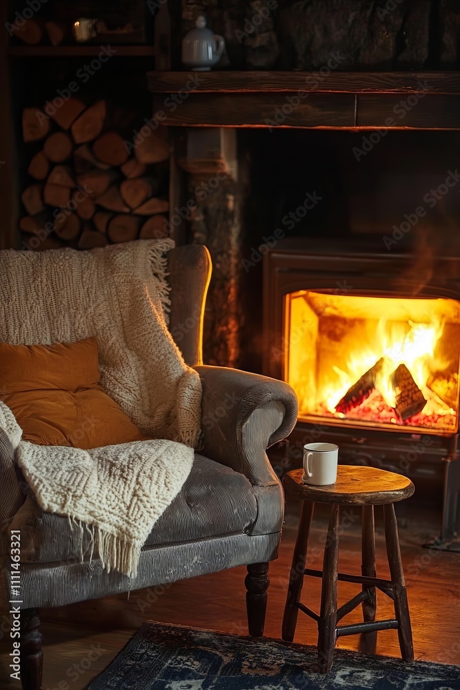 A fireplace with logs burning brightly and a comfy armchair nearby. The scent of wood fills the air A fireplace with logs burning brightly and a comfy armchair nearby. The scent of wood fills the air