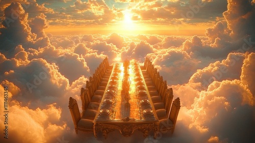 Ethereal Banquet Table in Heaven Surrounded by Clouds with Delicate Dishes and Chairs for a Celestial Celebration
