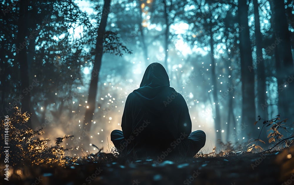 Ancient robed figure emerging from dense forest mist, mystical energy radiating subtle supernatural aura, half-hidden landscape Ancient robed figure emerging from dense forest mist, mystical energy radiating subtle supernatural aura, half-hidden landscape