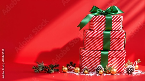 Festive red and green gift boxes with holiday decorations on christmas theme background photo