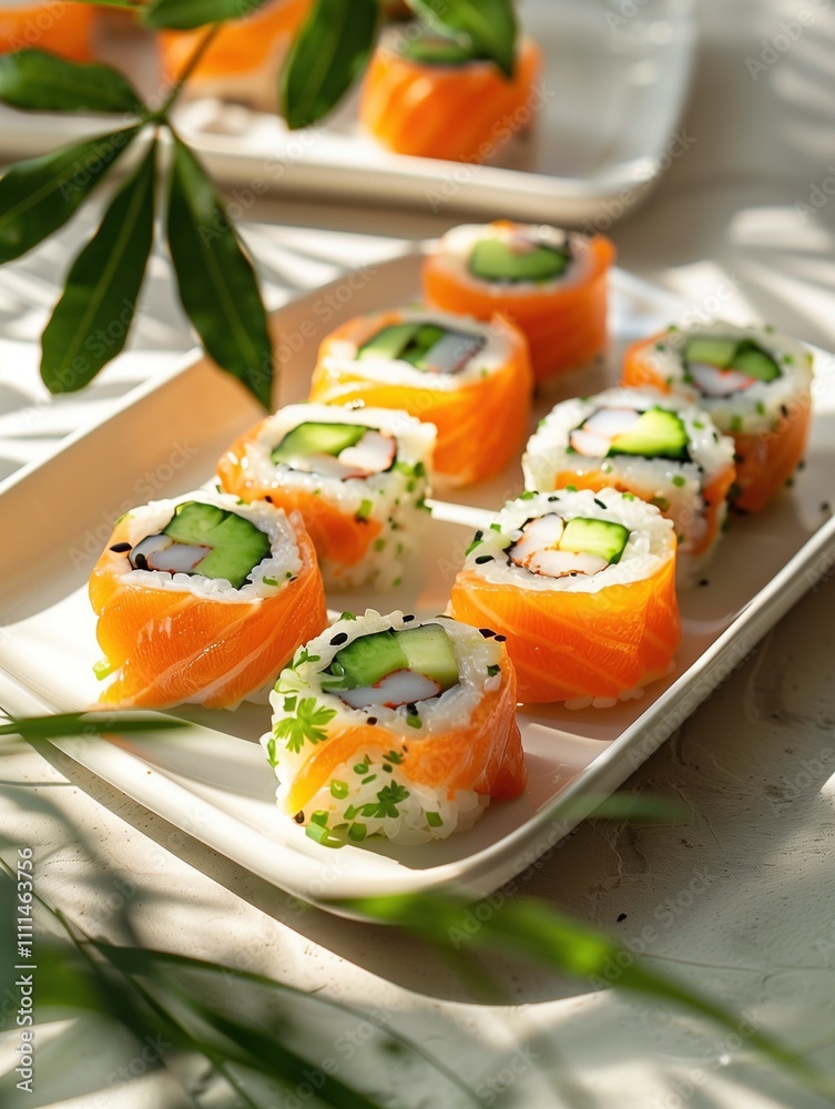 Cherry Blossom sushi roll with seared tuna, salmon, and avocado on a beige background Cherry Blossom sushi roll with seared tuna, salmon, and avocado on a beige background