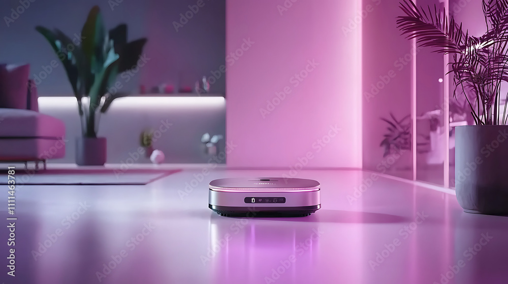 sleek robot vacuum cleaner in modern, stylish interior with vibrant lighting. design showcases blend of technology and aesthetics, perfect for contemporary homes sleek robot vacuum cleaner in modern, stylish interior with vibrant lighting. design showcases blend of technology and aesthetics, perfect for contemporary homes