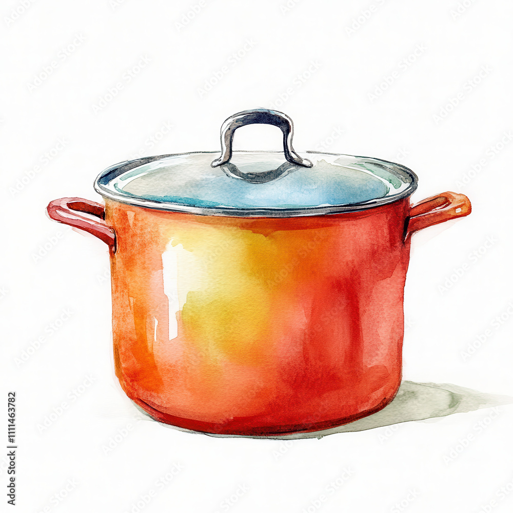 vibrant watercolor illustration of stockpot with lid
