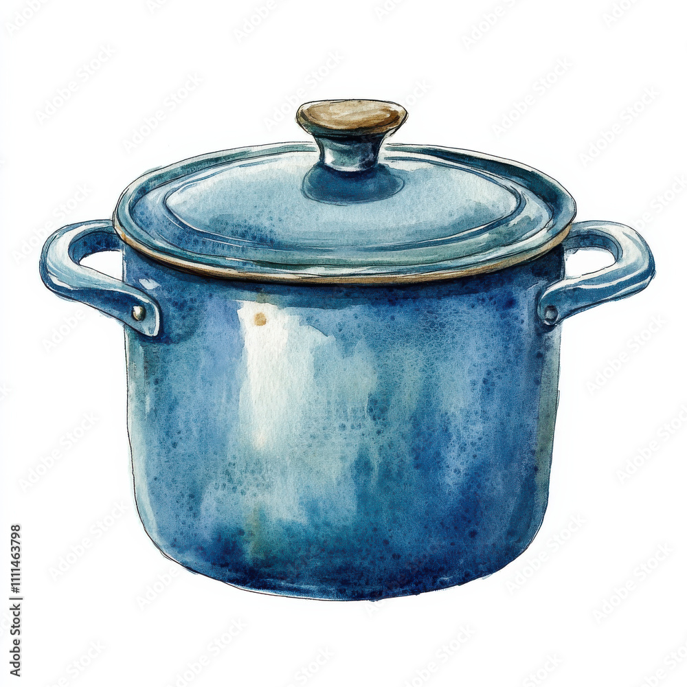 Watercolor illustration of blue stockpot with lid, isolated