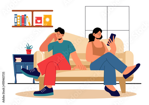 Relationship Tension Vector Illustration featuring a Young Couple Arguing and Sitting Separately, Expressing Disagreement in a Flat Cartoon Background
