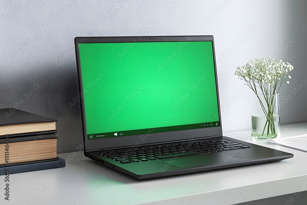 Green screen laptop. Close up shot of modern chroma key green screen laptop computer set up for work on desk. remote work, technology concept. chromakey laptop. Green screen laptop. Close up shot of modern chroma key green screen laptop computer set up for work on desk. remote work, technology concept. chromakey laptop.